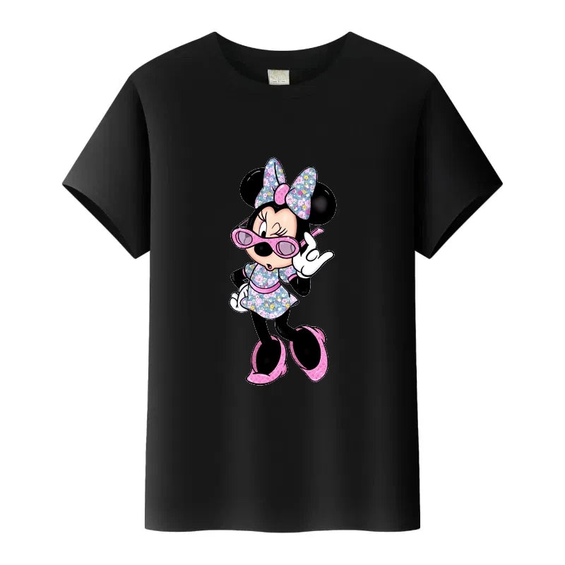 Black t-shirt with a cartoon character design on a white background
