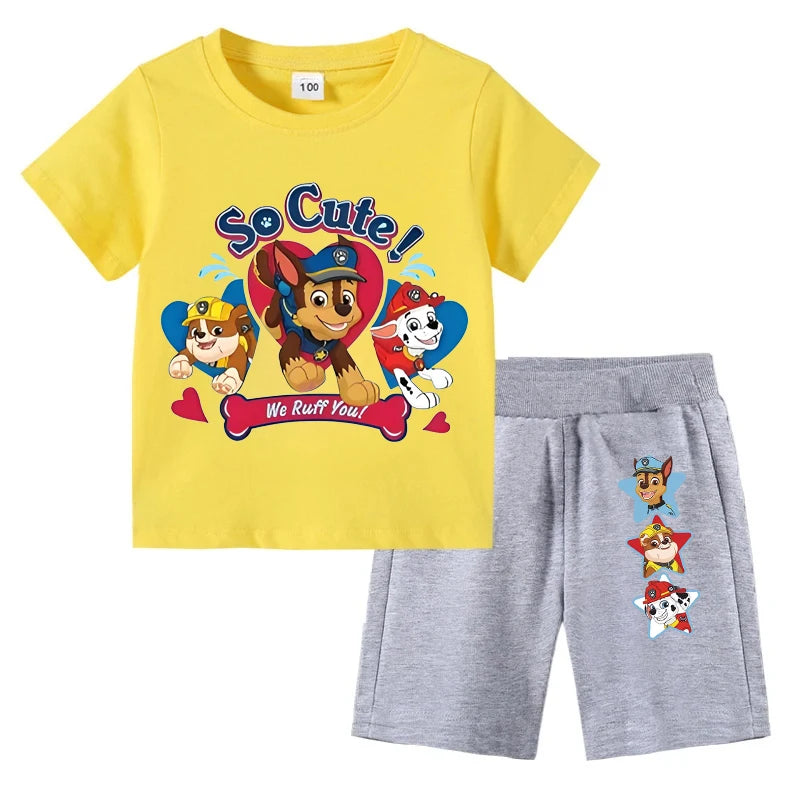 Yellow t-shirt with cartoon characters and gray shorts on a white background