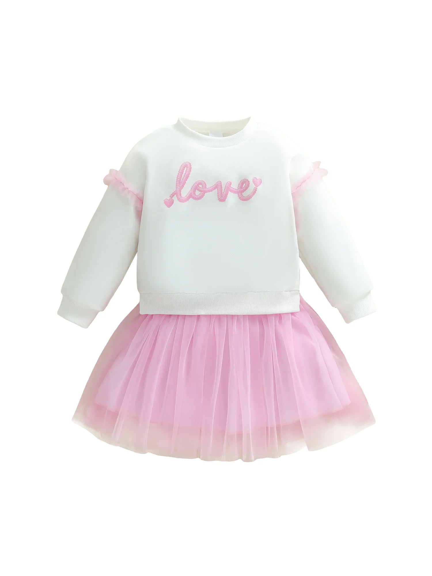 White sweater with pink 'love' text and pink tutu skirt on a white background