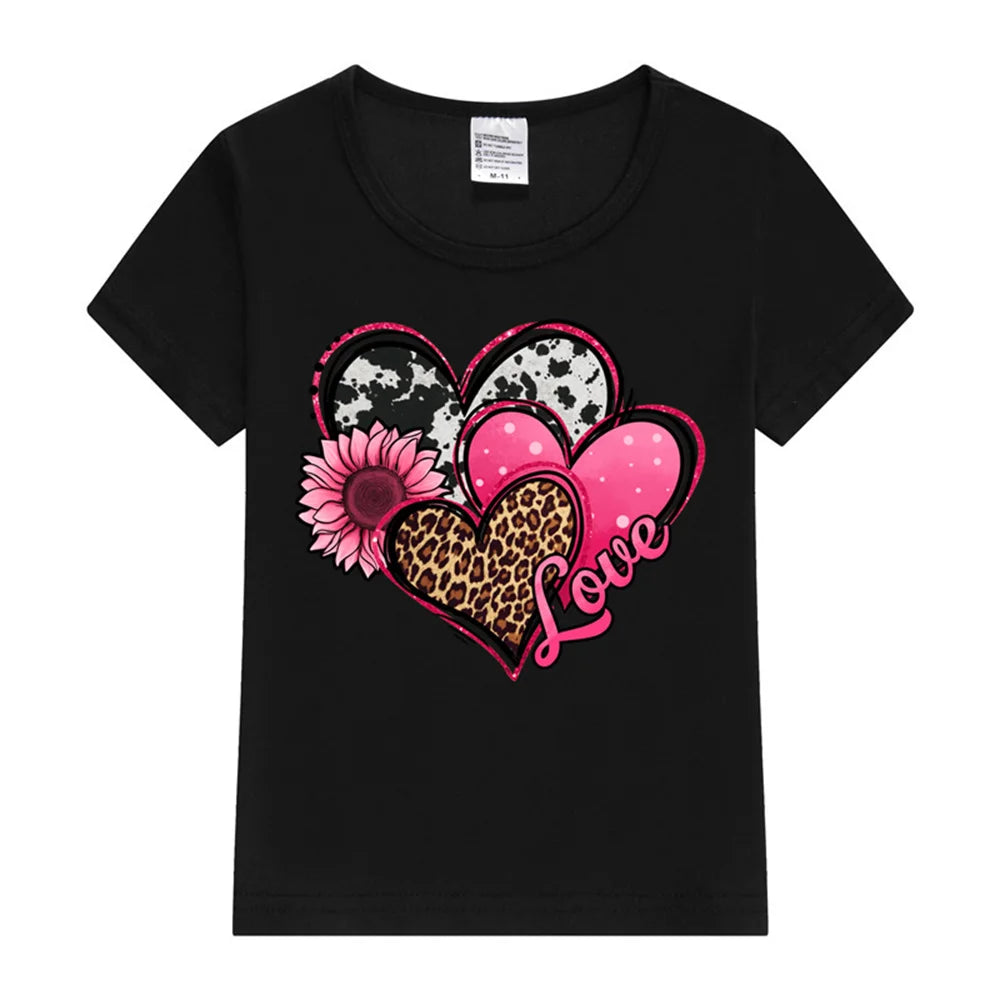 Black t-shirt with pink and leopard print heart design on a white background