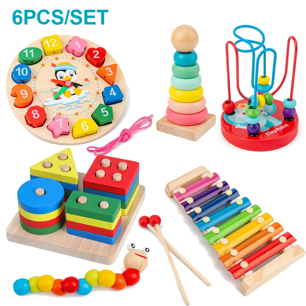 Set of colorful wooden educational toys including a clock, stacking rings, and xylophone.