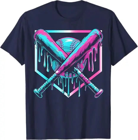 Navy blue t-shirt with a colorful graphic of a baseball and bat on a white background