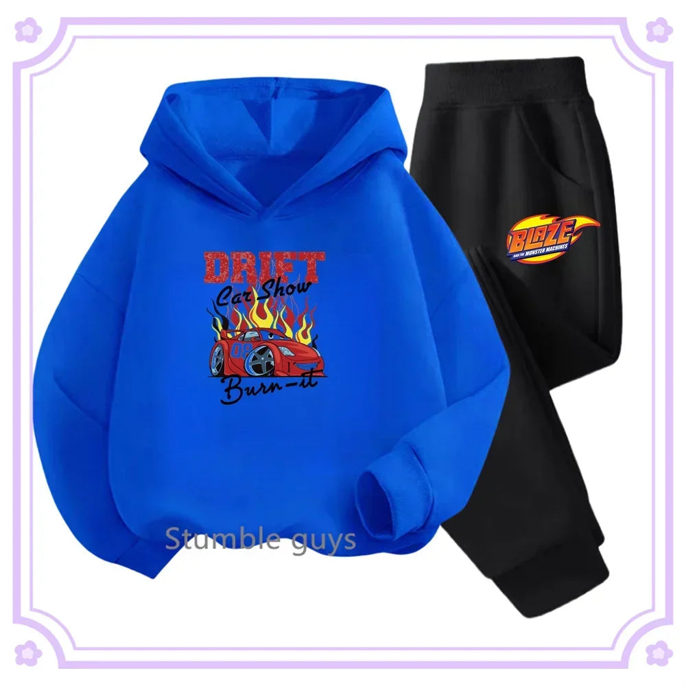 Blue hoodie with car graphic and black pants with flame design on a white background