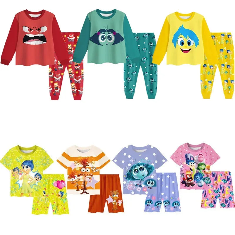 Collection of colorful children's pajama sets with various designs on a white background
