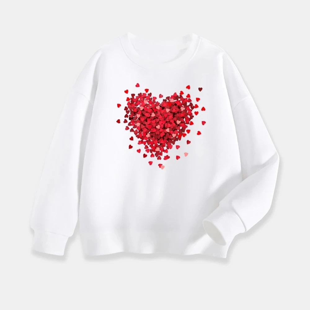 White sweatshirt with a red heart pattern on a white background