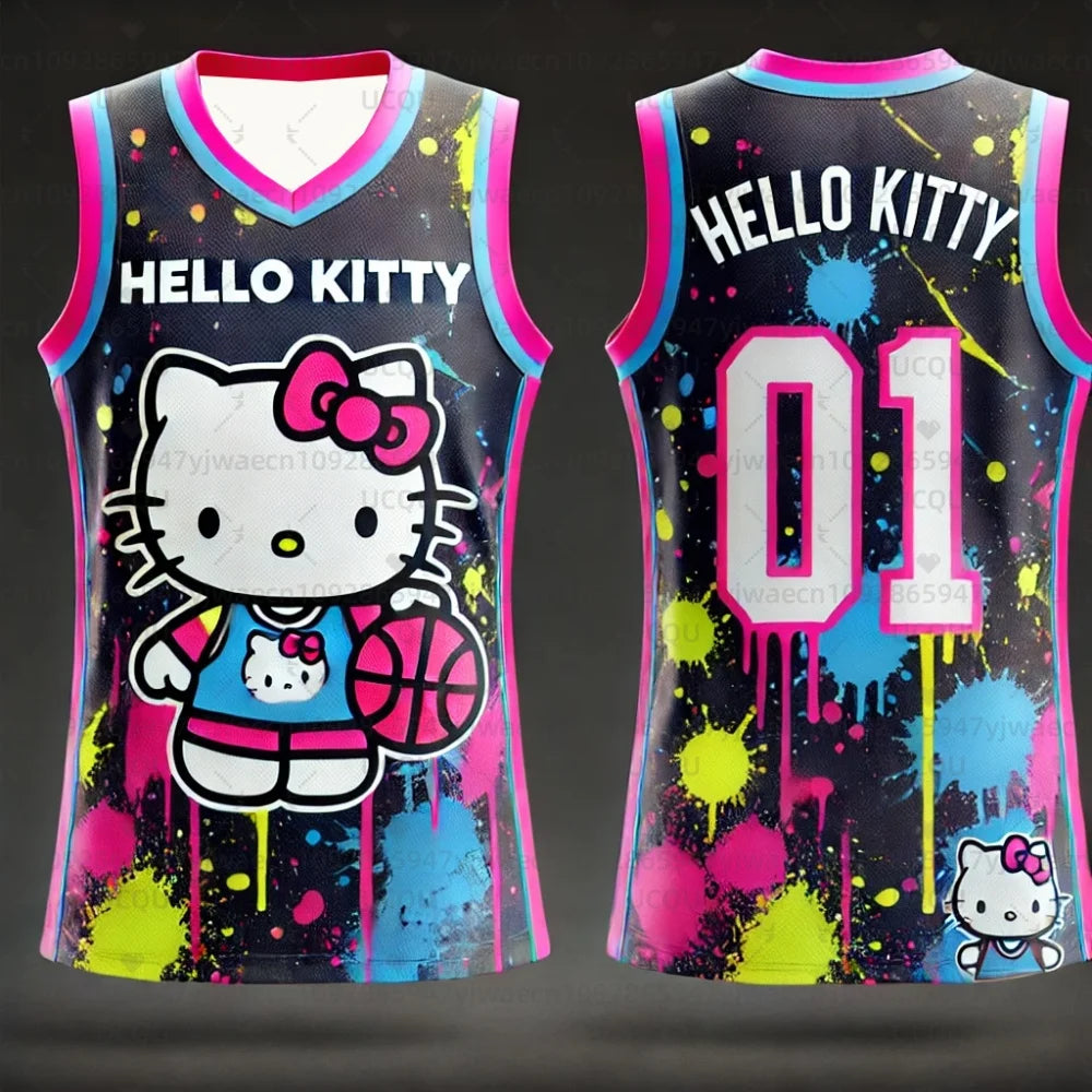 Hello Kitty basketball jersey with colorful design on a black background