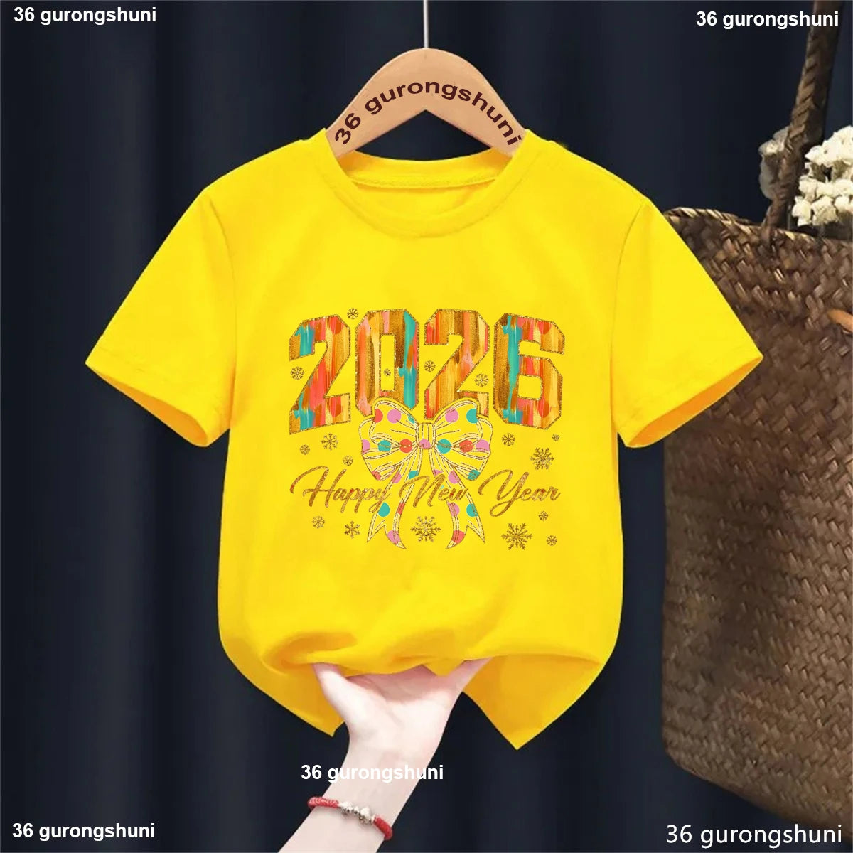 2026 Happy New Year Bow T-Shirt - Kids Celebration Tee