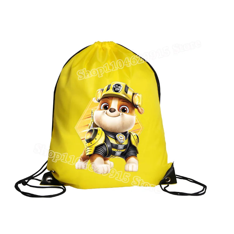 Yellow drawstring bag with a cartoon character on a white background