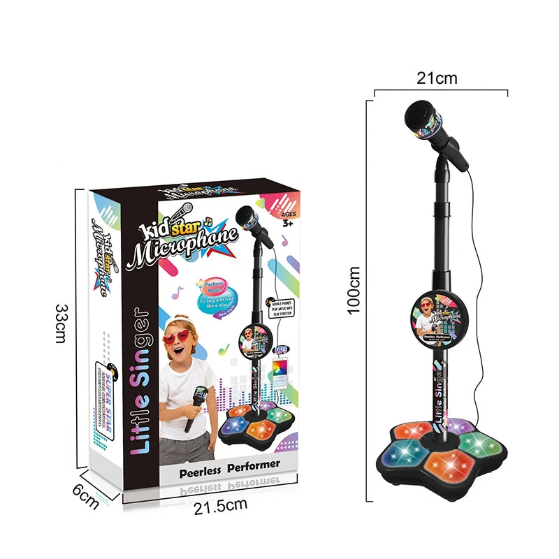 Children's toy microphone with stand and packaging, including dimensions.