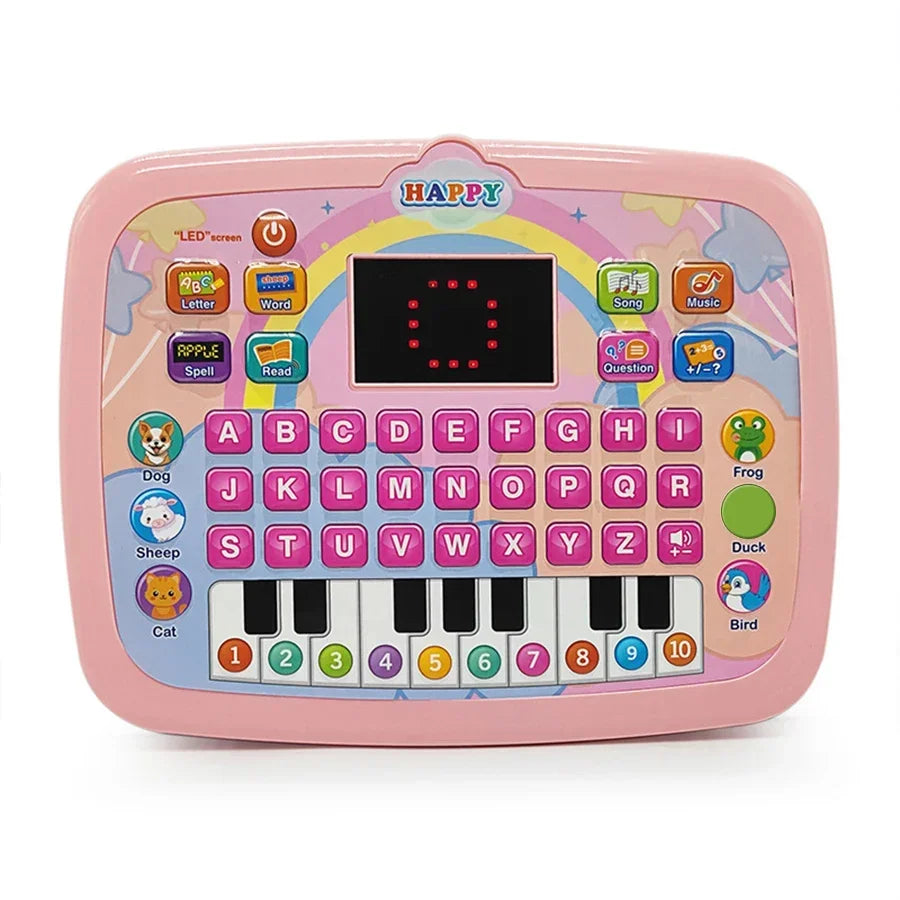 Children's toy keyboard with colorful keys and a digital display on a white background