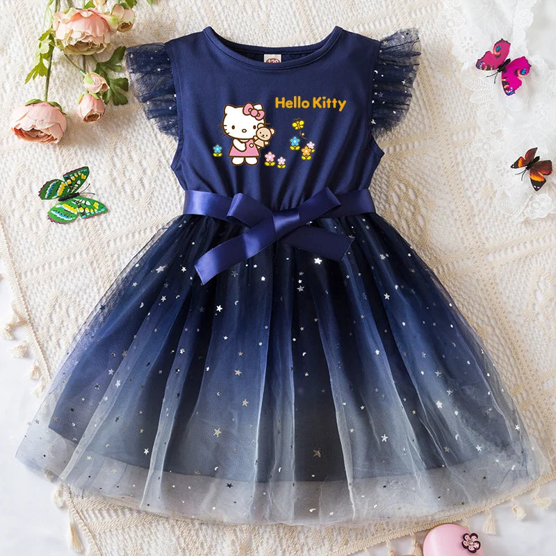 Navy blue dress with Hello Kitty design on a textured surface with decorative elements.