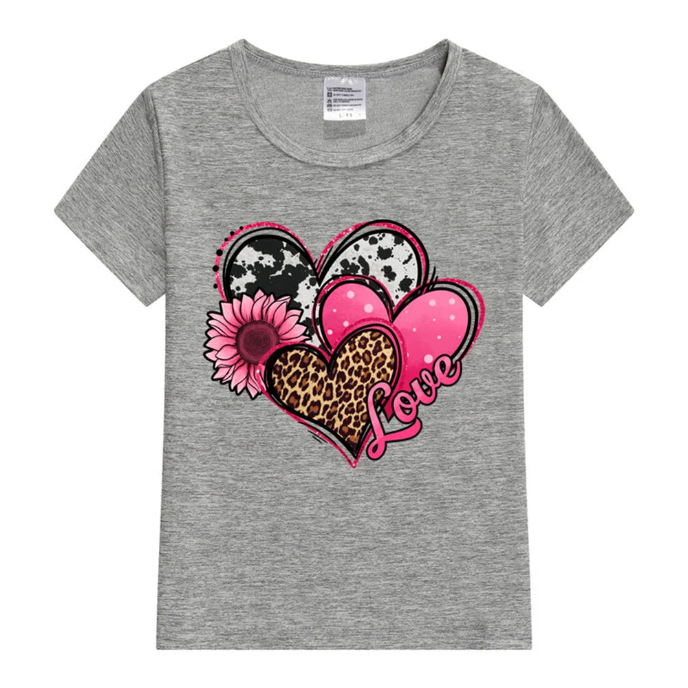 Gray t-shirt with colorful heart design featuring flowers and leopard print on a white background