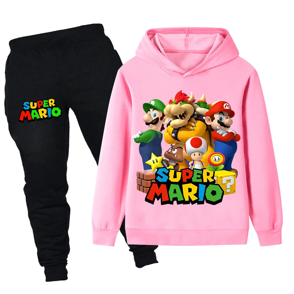 Pink hoodie with Super Mario design and black pants on a white background